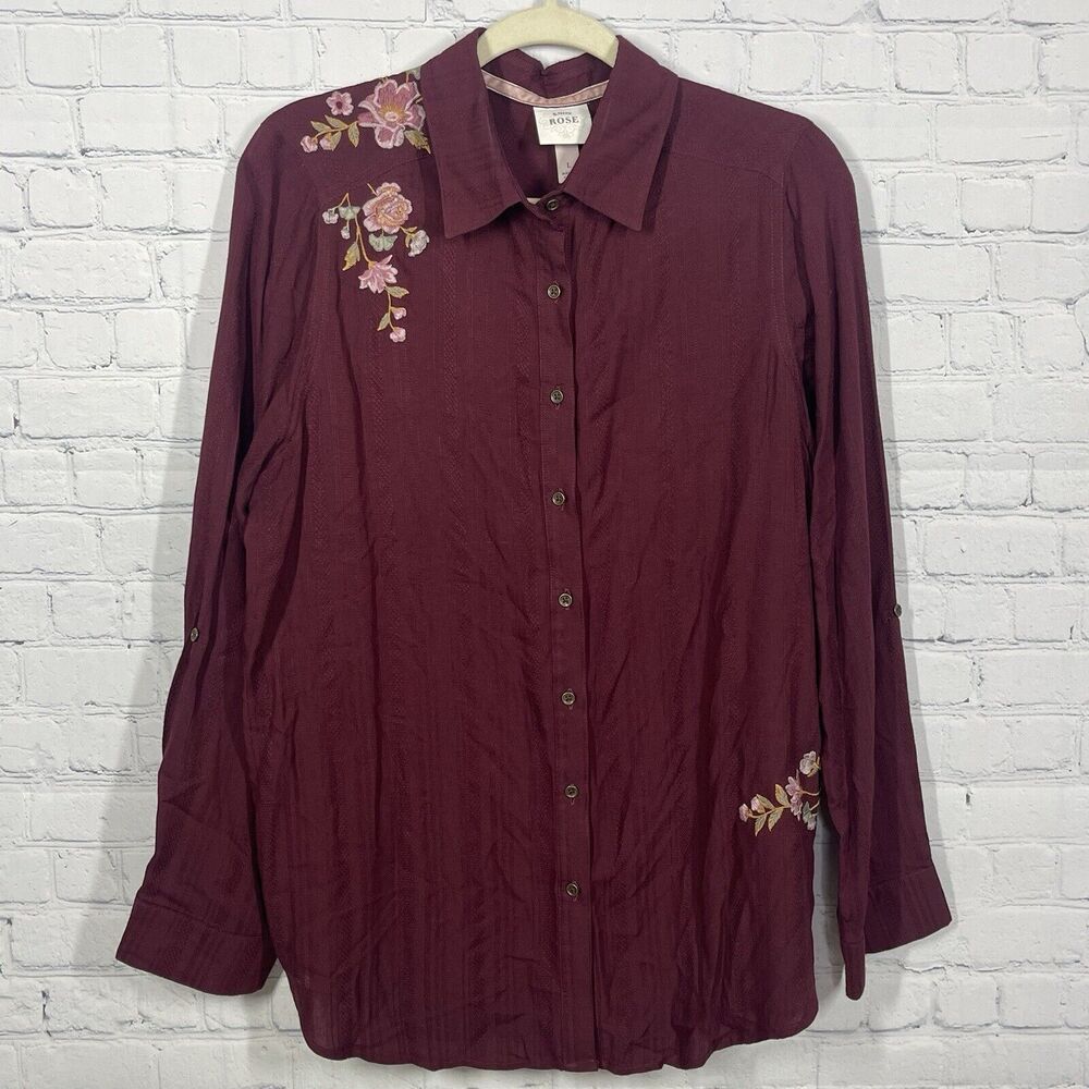 Knox Rose Shirt Womens Large Burgundy Button Front Embroidered Boho Frairy Top